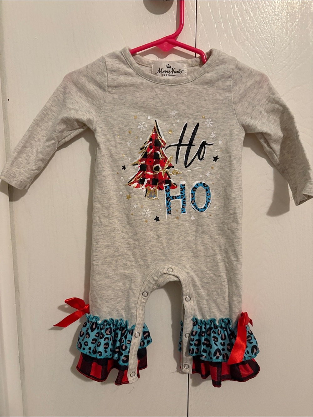 Ho Ho Christmas Ruffle One-Piece Romper - Light Gray with Red & Blue Accents